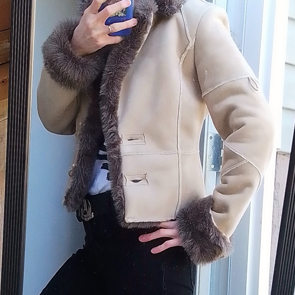 Short Bomber Jacket, Button Closure, Faux Fur Collar, Tan (size 4)